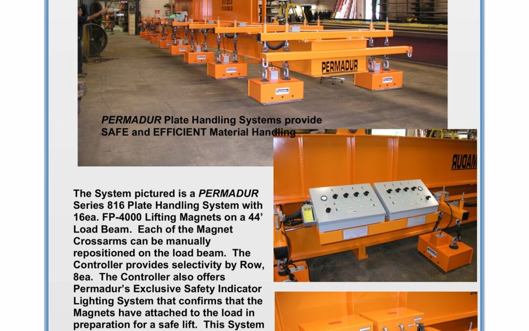 Permadur Series 816 plate handling system with FP-4000 lifting magnets on a 44-foot load beam under an overhead crane