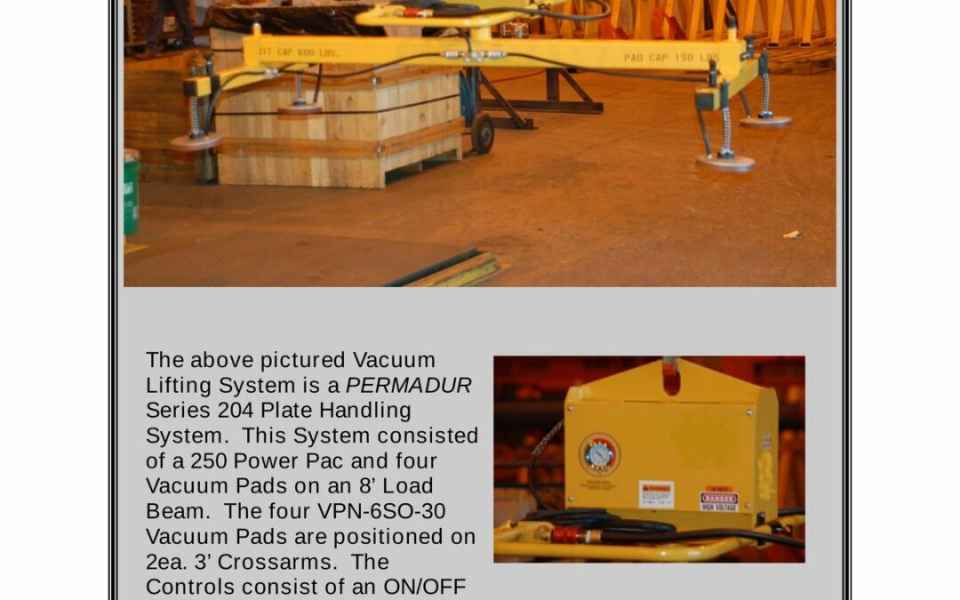 Permadur Series 204 yellow vacuum plate handling beam with four pads and orange Power Pac lifting plate in a shop