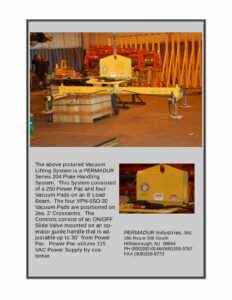 Permadur Series 204 yellow vacuum plate handling beam with four pads and orange Power Pac lifting plate in a shop
