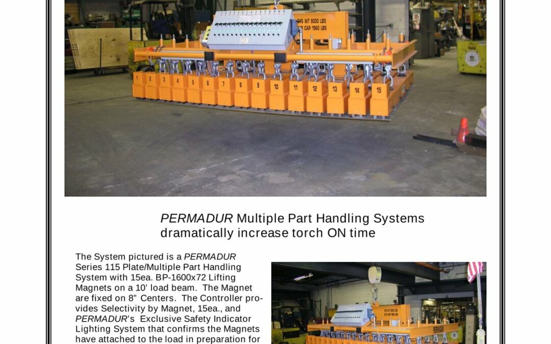 Permadur Series 115 orange multiple-part handling beam with fifteen numbered BP-1600x72 magnets under an overhead crane