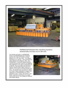 Permadur Series 115 orange multiple-part handling beam with fifteen numbered BP-1600x72 magnets under an overhead crane