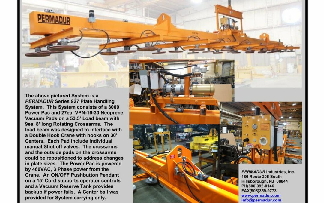 Permadur Series 927 long orange vacuum plate handling beam with many VPN-16-30 pads in a warehouse