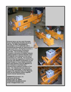 Permadur Series 102 orange plate/part handling beam with two TP-2000 magnets, cam followers, and gray #547 controller with safety indicator lights