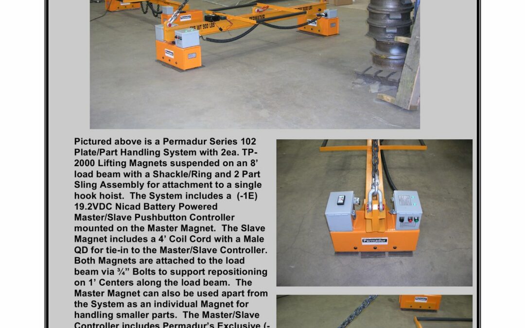 Permadur Series 102 orange plate/part handling beam with two TP-2000 magnets, battery Master/Slave controller, and radio remote receiver