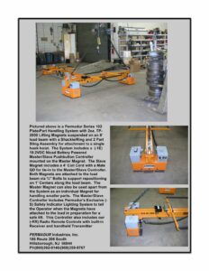 Permadur Series 102 orange plate/part handling beam with two TP-2000 magnets, battery Master/Slave controller, and radio remote receiver