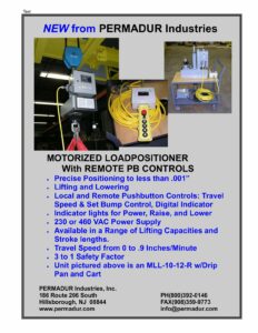 Permadur MLL-10-12-R motorized load positioner with remote pushbutton pendant, drip pan, and cart