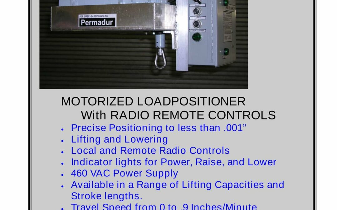 Permadur MLL-4-3-RR motorized load positioner with local RAISE/LOWER controls, drip pan, and stainless steel eye nuts