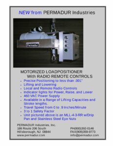 Permadur MLL-4-3-RR motorized load positioner with local RAISE/LOWER controls, drip pan, and stainless steel eye nuts
